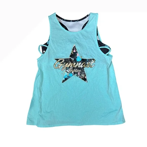 Justice Girls Turquoise Gymnast Star Tank Top & Black Paint Splatter Leggings - Picture 3 of 9